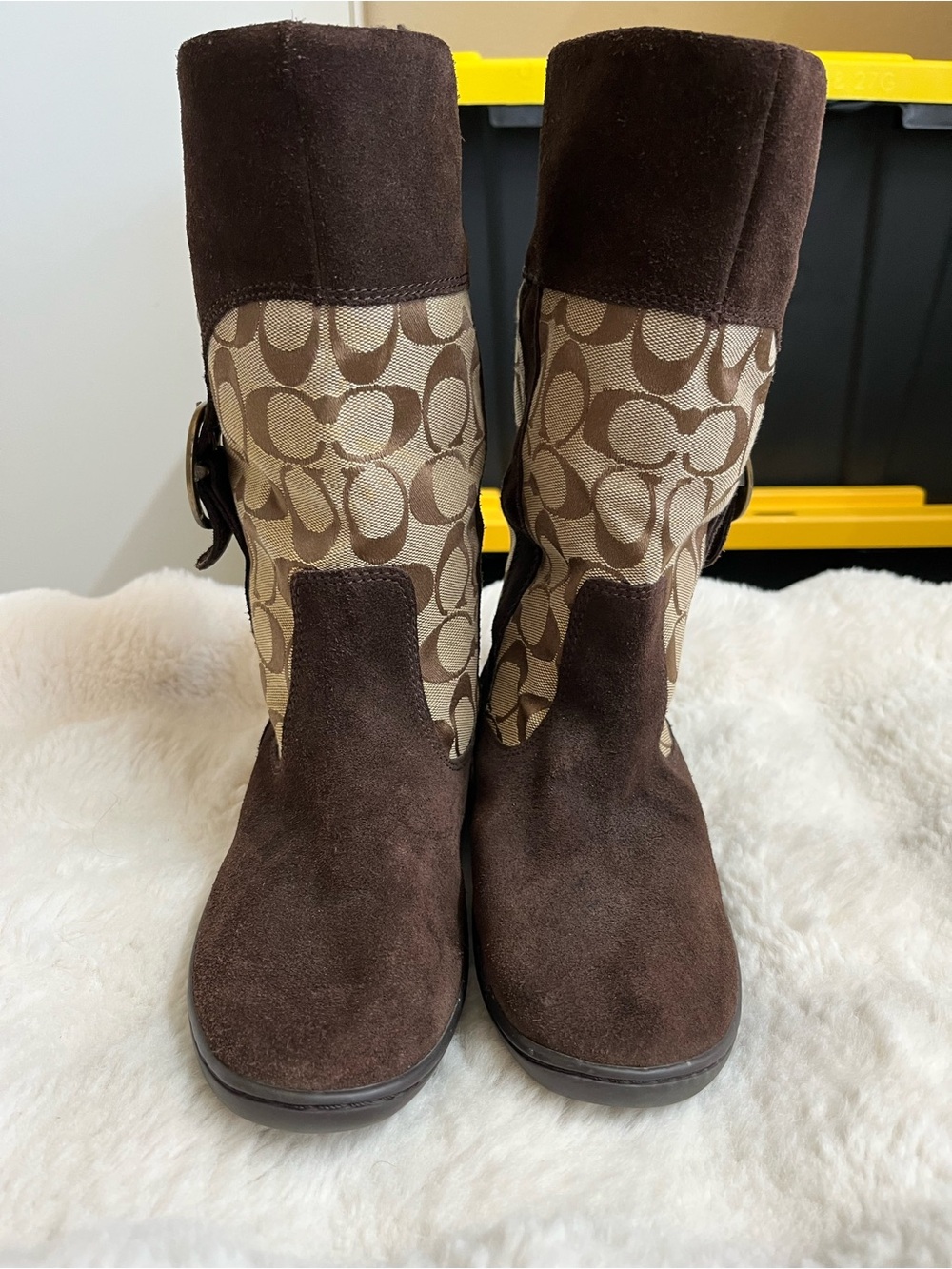 Coach Meyer Khaki Chestnut Brown C Logo Signature & Suede Boots Brass Sz 6.5